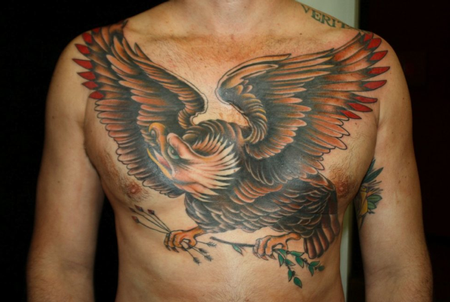 Tattoos - Full Color Eagle Traditional Chest Tattoo - 64979